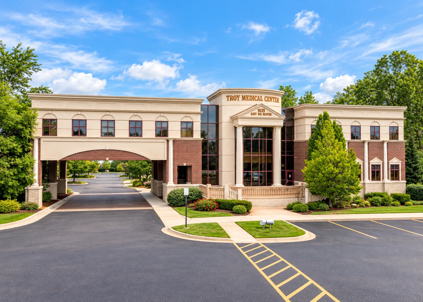 Real exterior photograph of Troy Medical Center, home of PrimeCare's Troy clinic